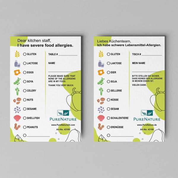 Tarjetas de alergia alimentaria inglés/alemán (50 uds.)