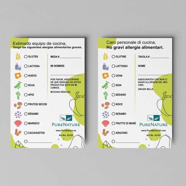 Tarjetas de alergia alimentaria italiano/español (50 uds.)