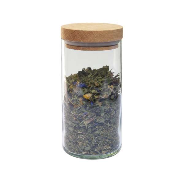 Tarro de vidrio con tapa de madera